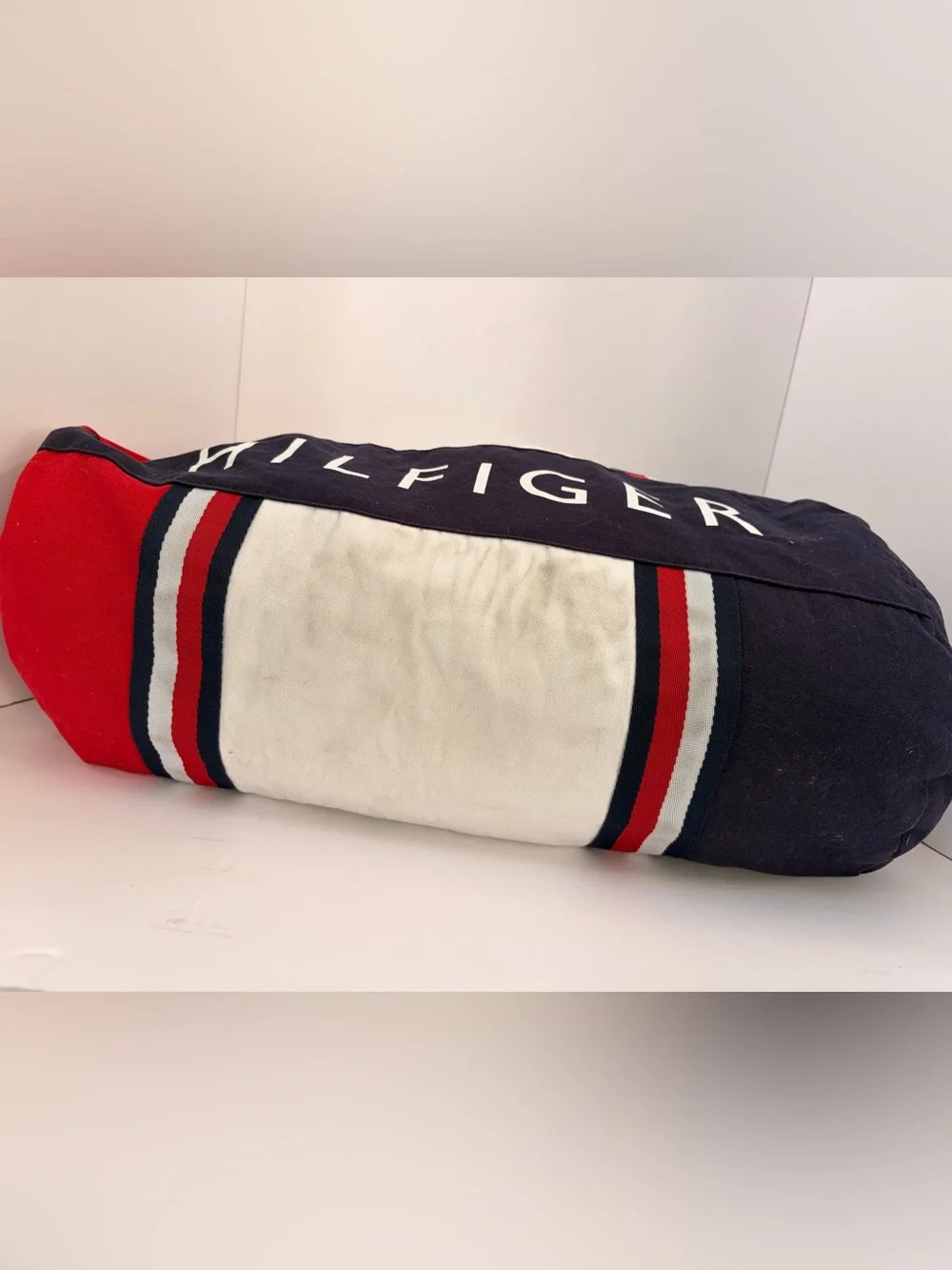 Tommy Hilfiger Red, Navy & White Canvas Duffel with Striped Handles